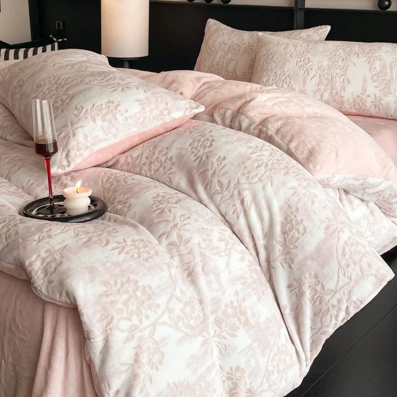 Winter Warm Velvet Duvet Cover Set Printed Queen Bedding Set