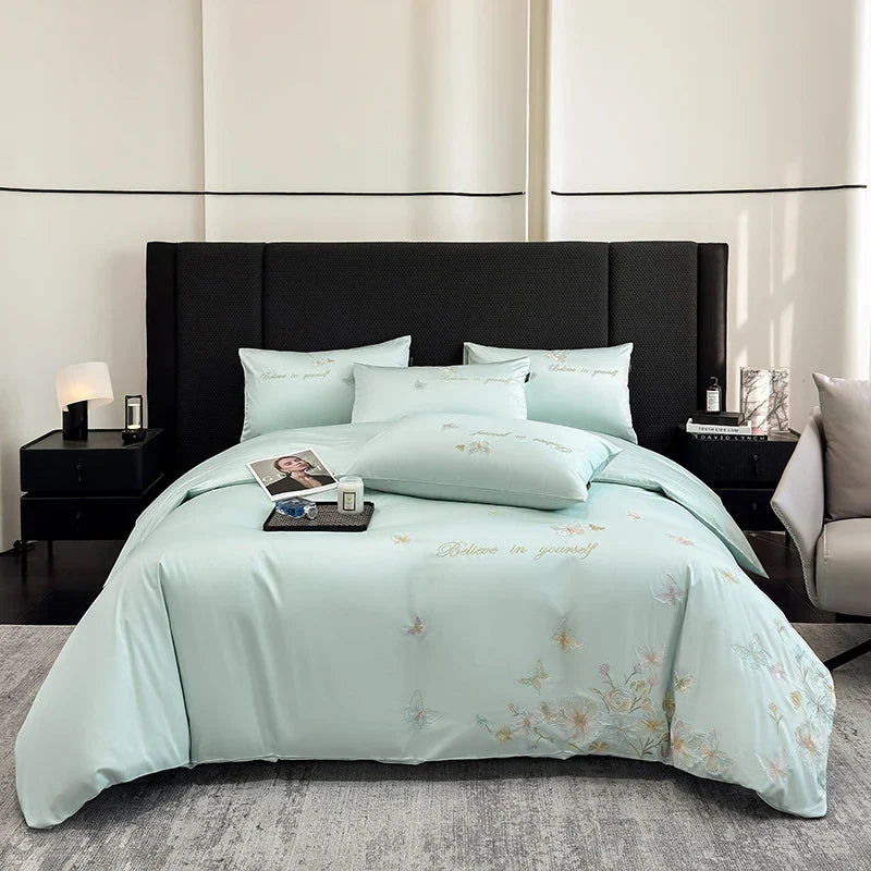 Chic Butterfly Flowers Embroidery 100% Cotton Luxury Bedding Set