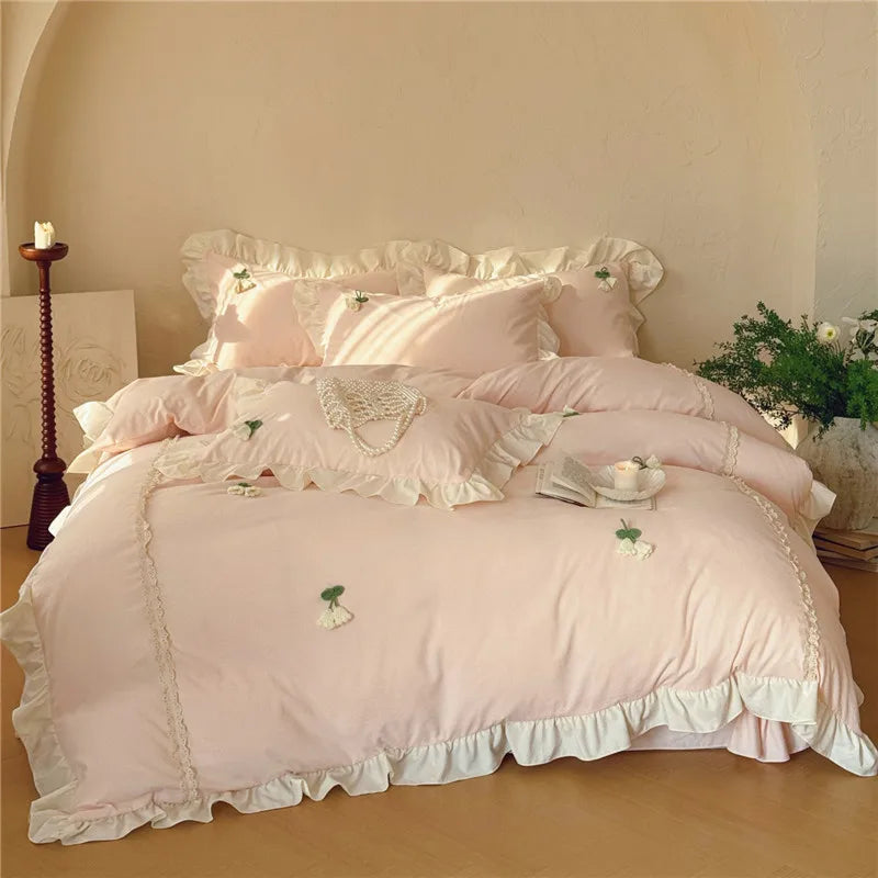 3/4Pcs Korean Princess Style Ruffles Washed Cotton Bedding Set