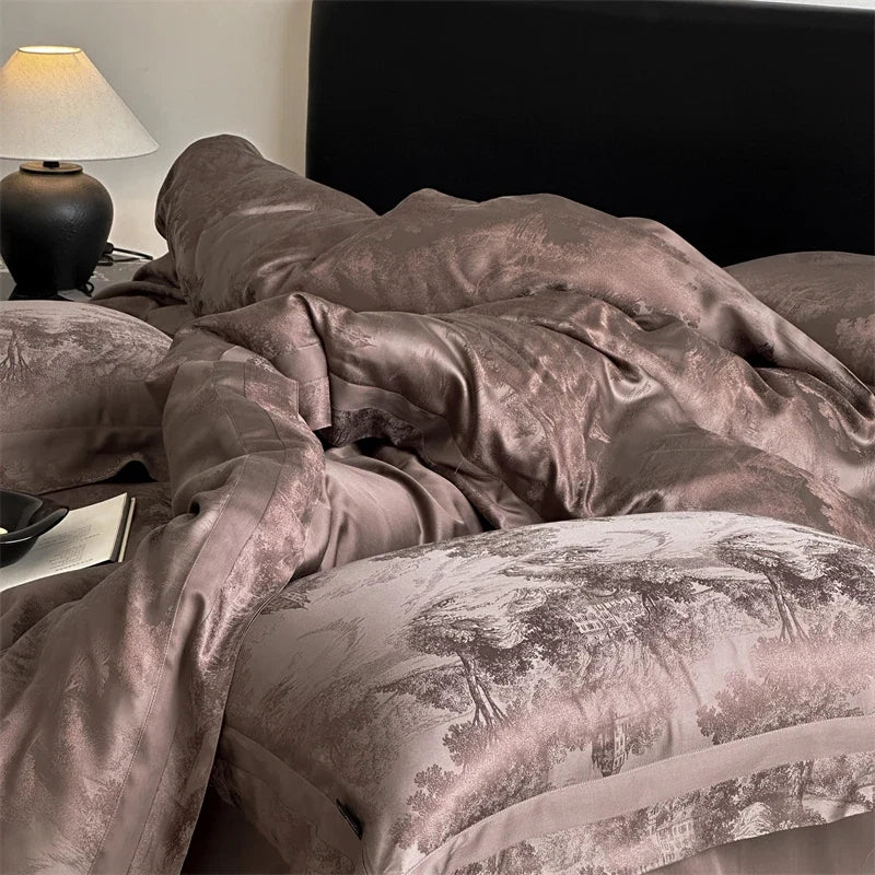 Luxury Lyocell Cotton Jacquard Bedding Set, Scenic Pattern Duvet Cover Set with Pillowcases, Soft Bed Sheet/Fitted Sheet, 4Pcs