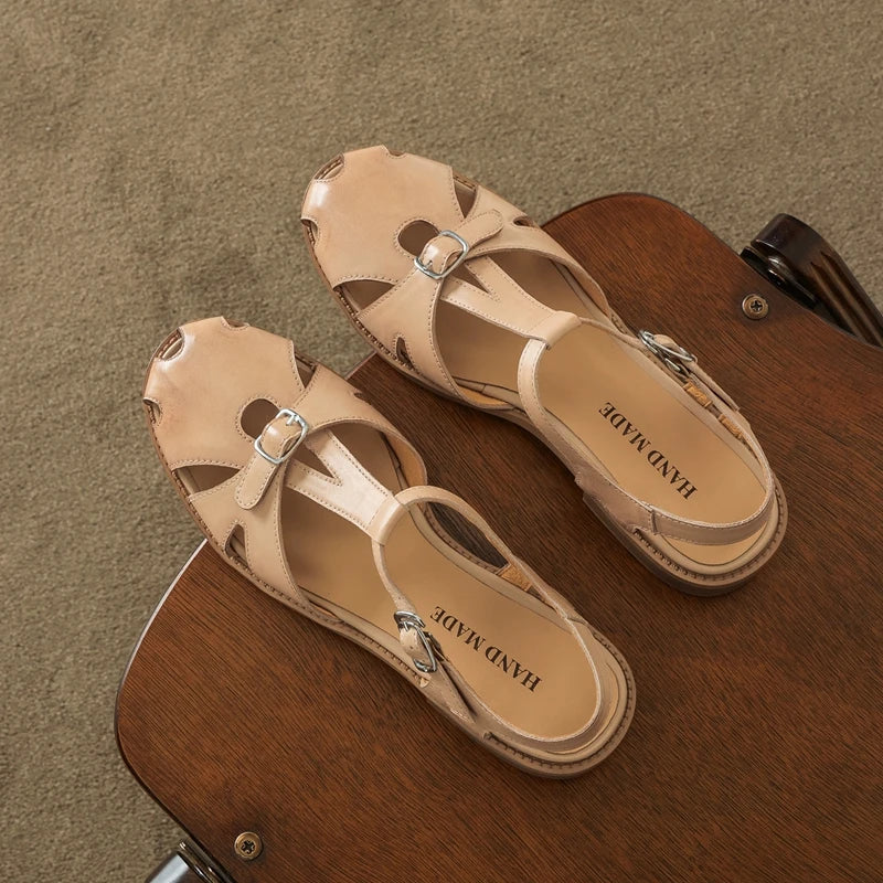 Leather Cowhide Round Toe Elastic Buckle
