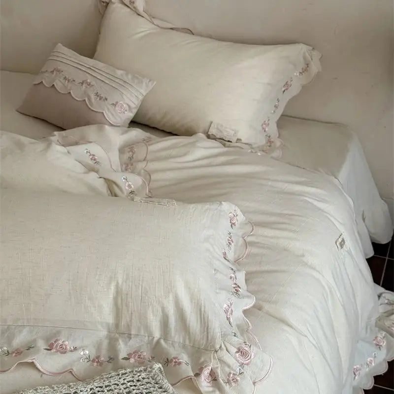 Vintage French Lace Flowers Embroidery Natural Cotton Linen Princess Bedding Set