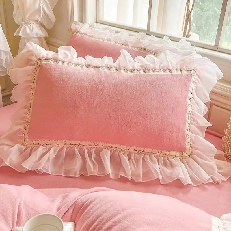 4Pcs Korean Princess Style Winter Thick Warm Milk Velvet Bedding Set