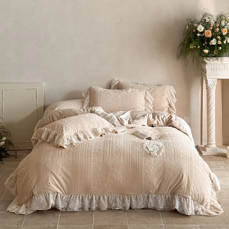 4Pcs French Princess Style Carved Velvet Warm Winter Thickened Bedding Set