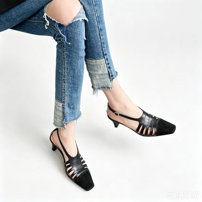 cowhide French square toe hollow breathable high-heeled toe closure sandals