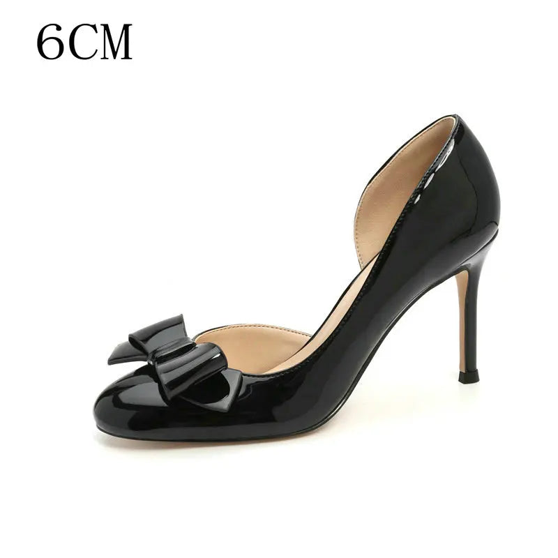 Patent Leather Round Head Bow Side Empty Nude High Heels