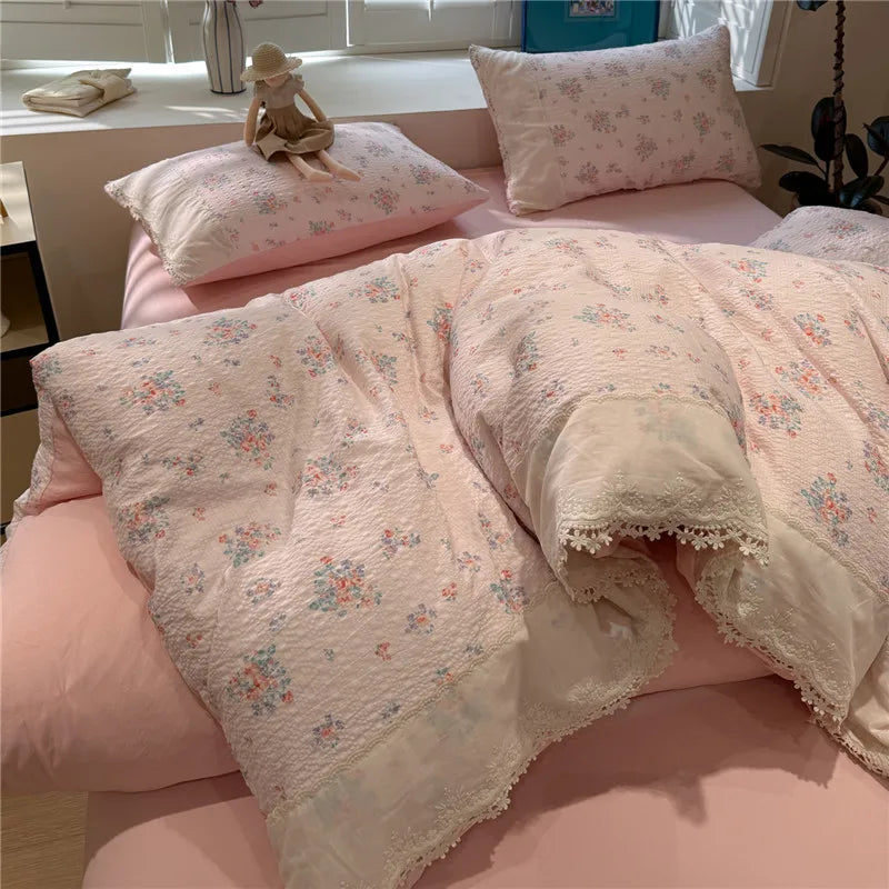 3/4Pcs Korean Princess Style Floral Ruffles Soft Bedding Set