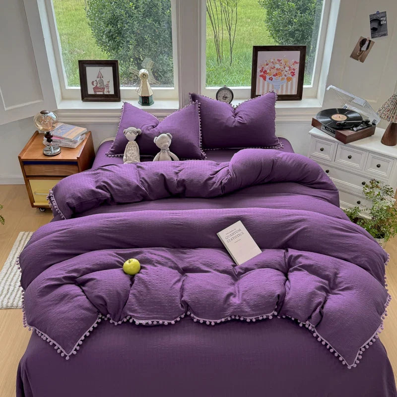 3/4Pcs Solid Color Round Ruffle Bedding Set