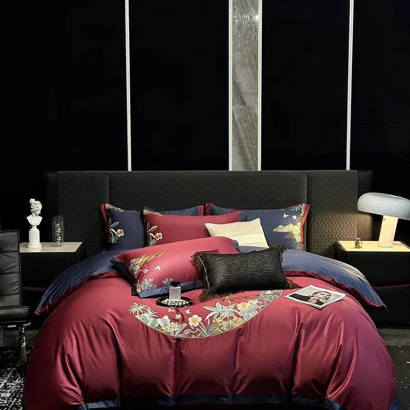 4Pcs Luxury Chinese Style Flowers Embroidery Bedding Set
