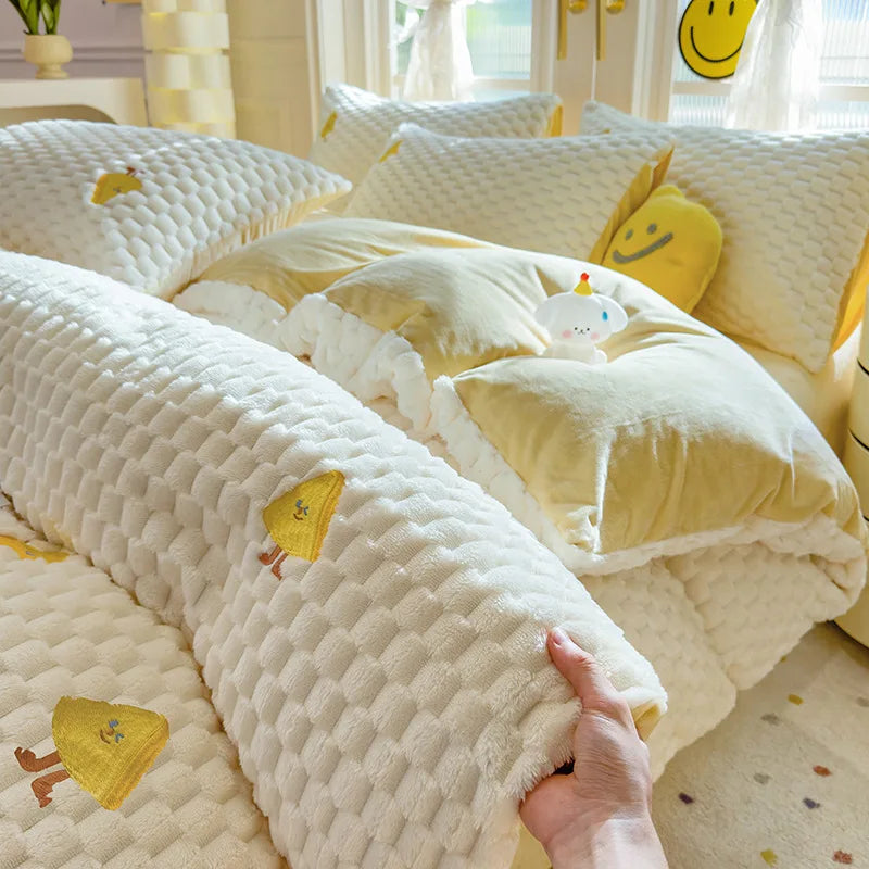 Winter Thicken Warm Duvet Cover Set Queen Bed Linens Set Milk Velvet Quilt Cover Bed Sheet Pillowcase 3/4pcs Luxury Bedding Set