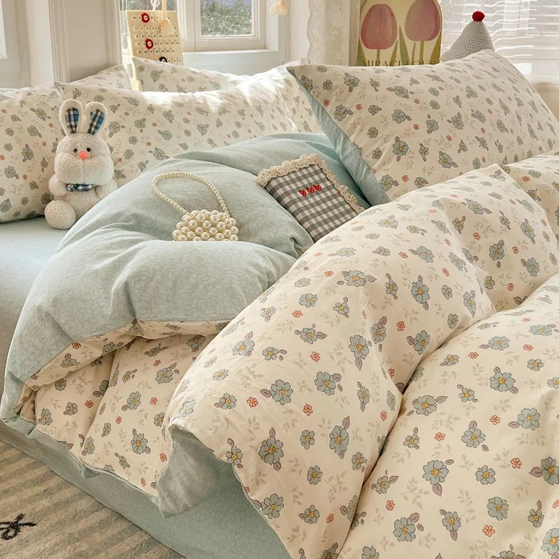 Japanese Style Floral Printed Queen Quilt Cover Set 3/4 Pcs Soft Cotton Bedding Set