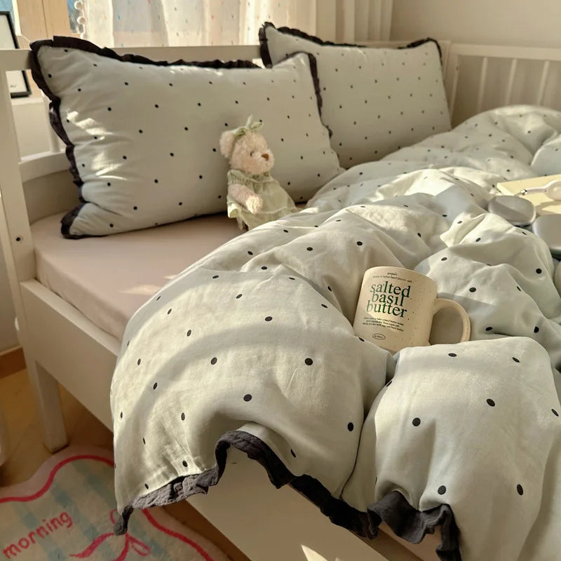 French Style Lace Trim Washed Cotton 4 Piece Bedding Set