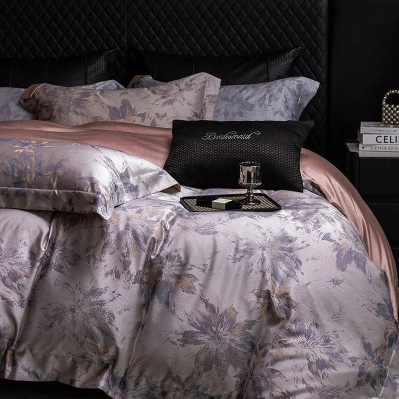 600TC Lyocell Cotton Flowers Jacquard Soft Silky Bedding Set