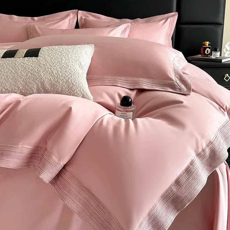600TC Egyptian Cotton Embroidery Wide Edge Luxury Solid Color Bedding Set