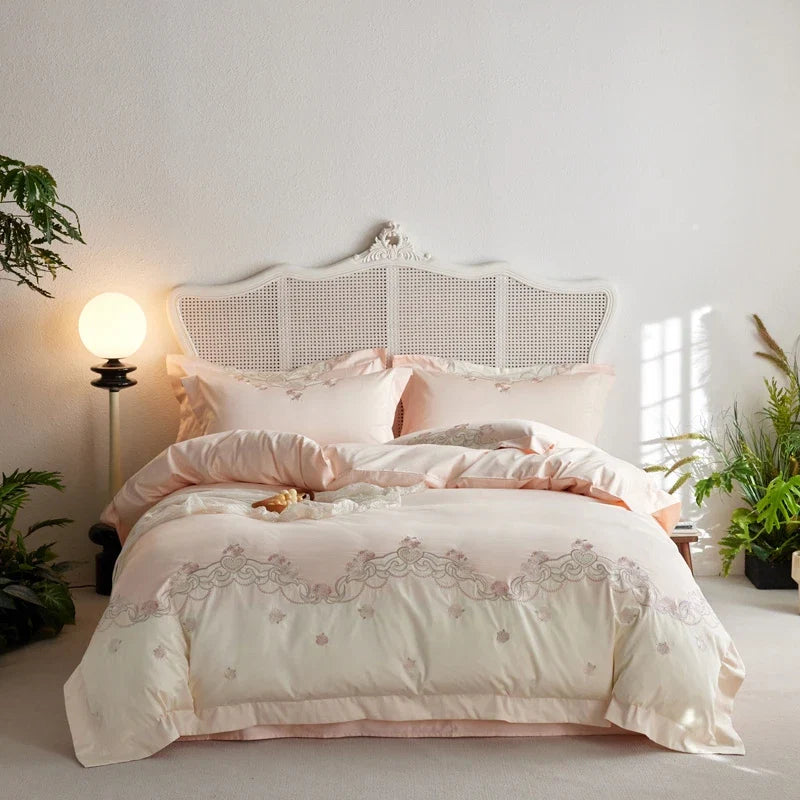 1000TC Egyptian Cotton Luxury Rose Embroidery Blue Pink Green Bedding Set