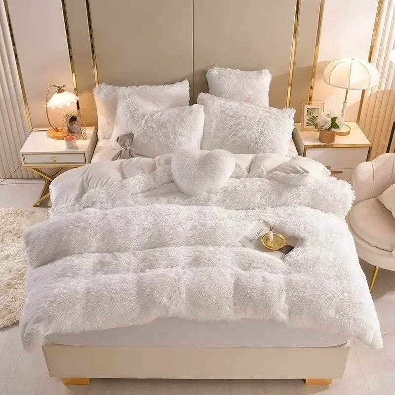 Solid Color Fluffy Long Plush Winter Bedding Set