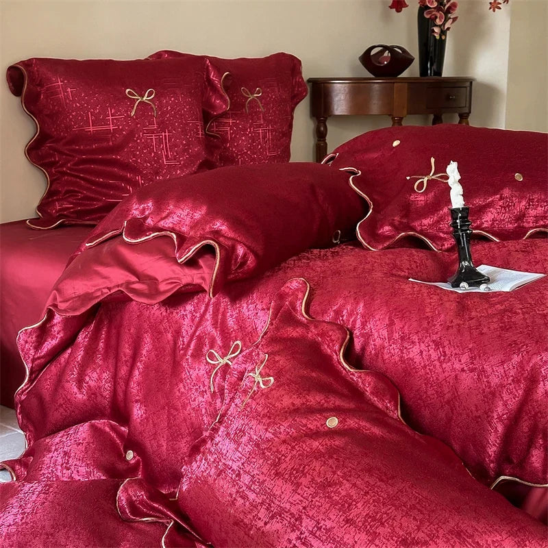 Gold Bow Embroidery Luxury Wedding Bedding Set