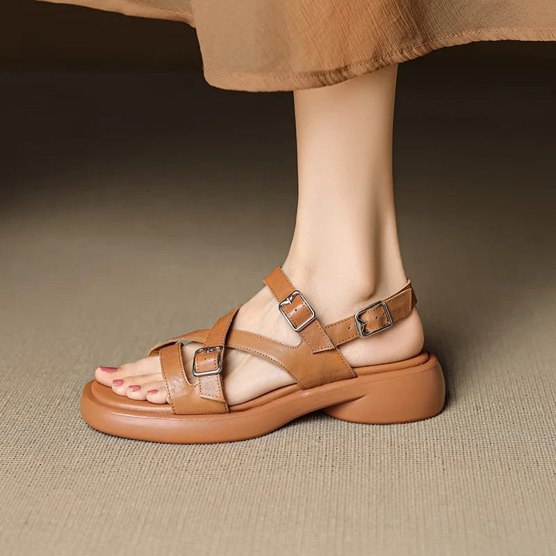 leather cowhide loose grip midsole thick sole retro open toed fish mouth Shoes