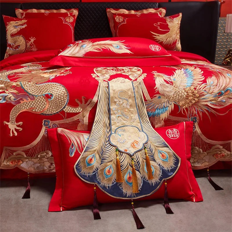 Luxury Gold Dragon Phoenix Embroidery Chinese Style Wedding Bedding Set