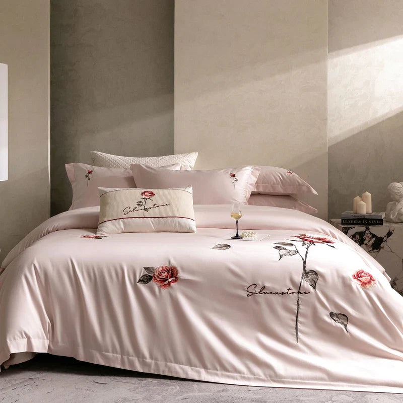 Luxury Rose Flowers Embroidery 100% Cotton Red Bedding Set