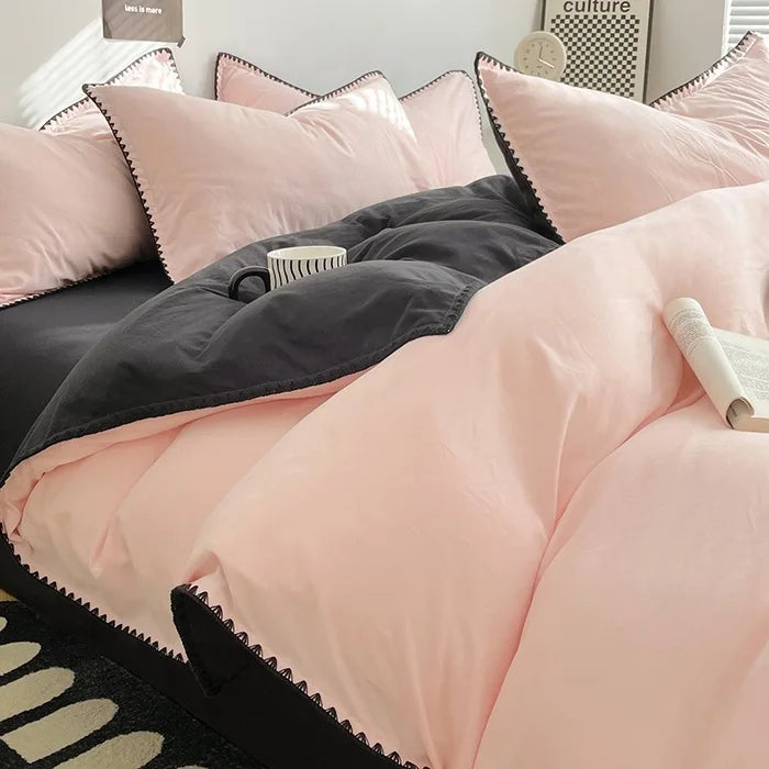 3 Pcs Simple Solid Color Quilt Cover Set with Pillowcases Stitching Design King Queen Size Bedding Set