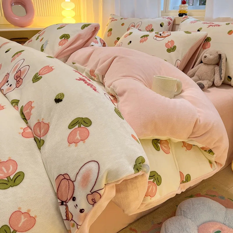 Cute Cartoon Winter Warm Quilt Cover Set Queen Bedding Set