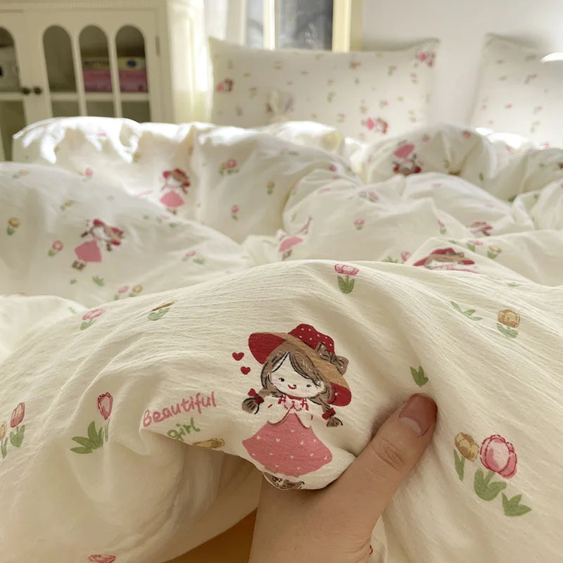 3/4Pcs Set Floral And Polka Dot Print Styles Duvet Cover Bed Sheet Pillowcase Full-Size Bedspread Set 1.5-Sleeper Bedding Set