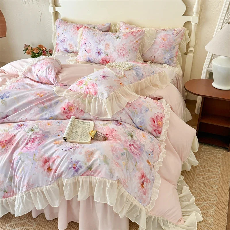 3/4Pcs French Princess Style Pink Luxury Duvet Cover Set Double Bedding Bedroom With Elastic Band Bed Linen Ruffle Pillowcase