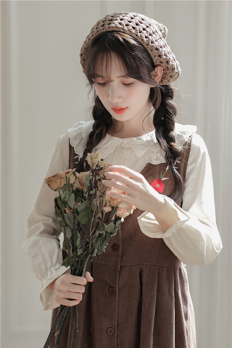 Meadow Petal Corduroy Flower Embroidered Cottagecore Dress