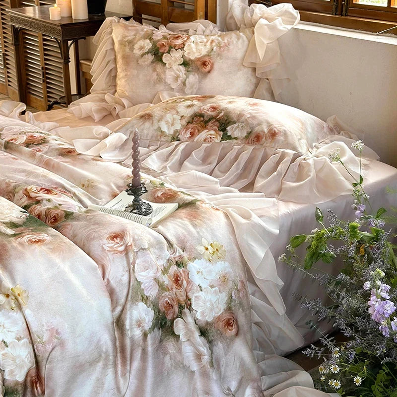 Vintage French Rose Flowers Print Lace Ruffles Bedding Set