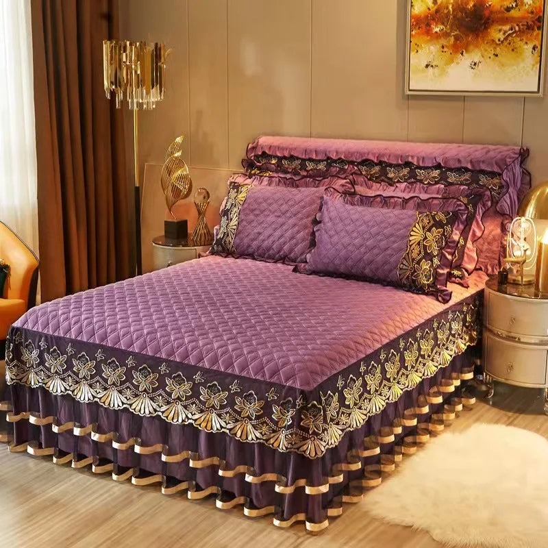 European Style Winter Lace Embroidery Bed Skirt Set High Quality Thickened Bed Cover Bedding Set