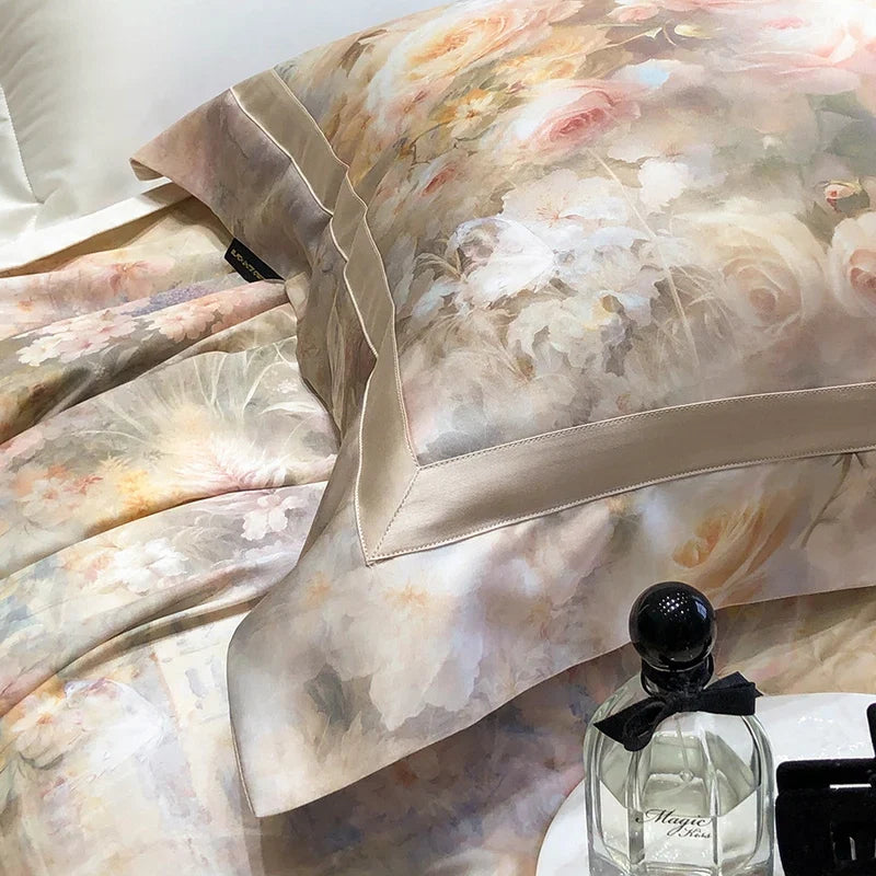 Flowers Digital Printing Wide Edge 1000TC Lyocell Cotton Soft Silky Bedding Set