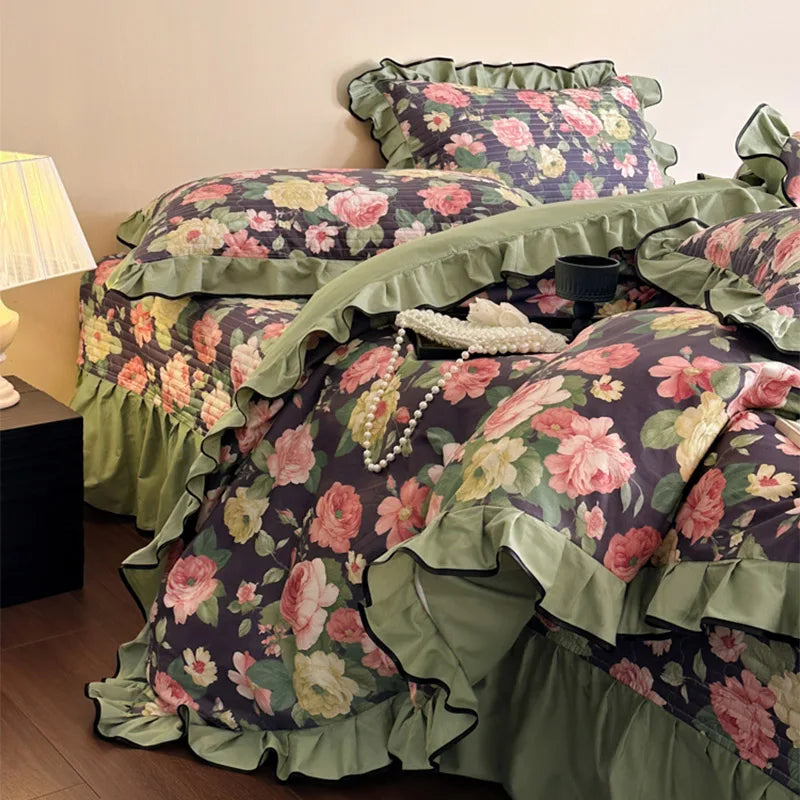 4Pcs Vintage French Floral Ruffles Bedding Set, 100% Cotton, Princess Duvet Cover Set, Quilted Bedspread, Bed Sheet, Pillowcases