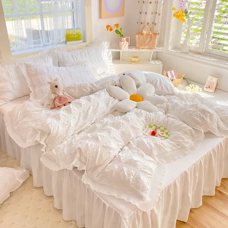 Korean Seersucker Duvet Cover Set with Pillowcases Flat Sheet Adults Kids Twin Full Queen Size Bedding Set