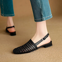 Square Headed Cowhide Woven Elastic Band Breathable Hollow Low Heel