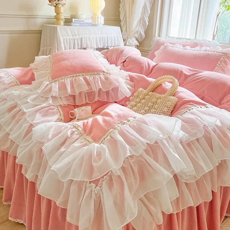 4Pcs Korean Princess Style Winter Thick Warm Milk Velvet Bedding Set