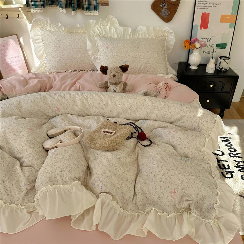 3/4Pcs Korean Princess Style Floral Ruffles Bedding Set