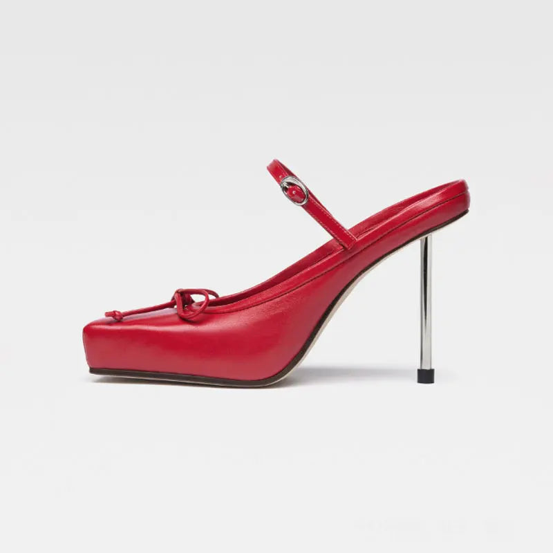 Ladies' cherry red square toe high-heeled bow