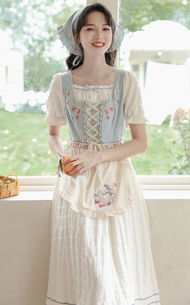 Strawberry Garden 3-Piece Set Cottagecore Dress with Head Scarf
