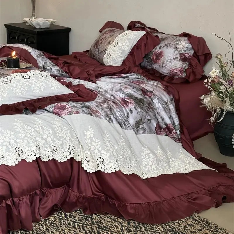 Vintage French-style Rose Print Lace Ruffle Bedding Set