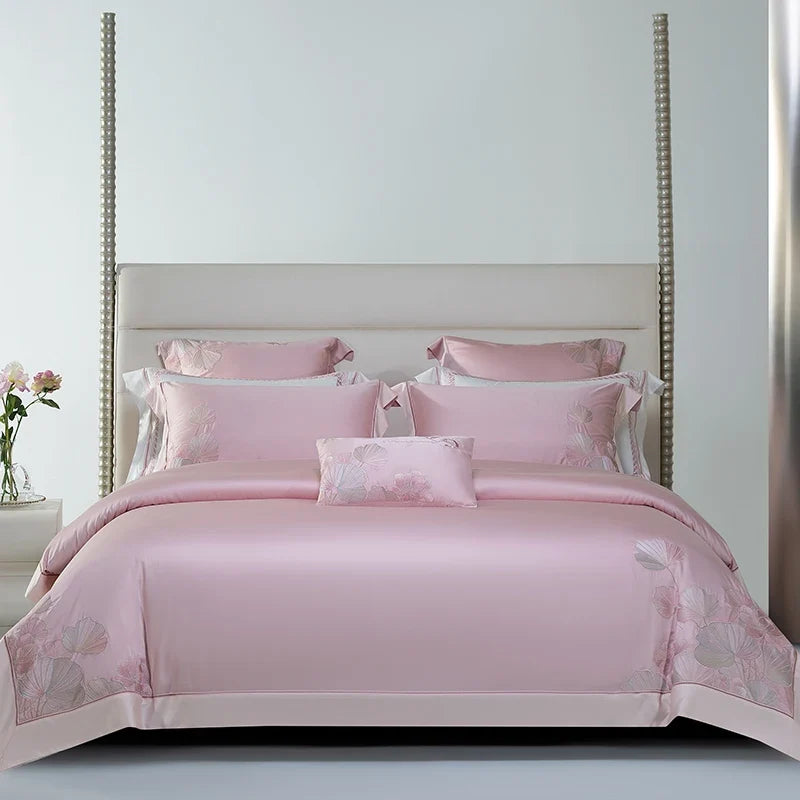 4Pcs Luxury Lotus Flowers Embroidery 1200TC Lyocell Cotton Soft Silky Bedding Set