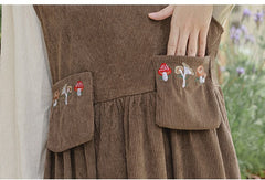 Mushroom Embroidered Corduroy Cottagecore Pinafore Dress / Shirt