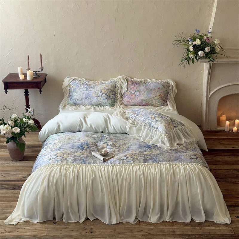 Flowers Print Chiffon Lace Ruffles Princess Bedding Set