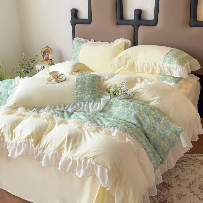 3/4Pcs Korean Princess Style Luxury Haute Couture Chiffon Lace Ruffle Queen/King Size Quilt Cover Bed Skirt Double Bedspreads