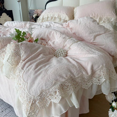 Pink Vintage French Lace Ruffles Carved Velvet Bedding Set
