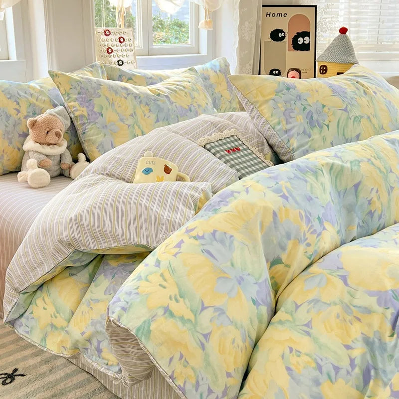 Japanese Style Floral Printed Queen Quilt Cover Set 3/4 Pcs Soft Cotton Bedding Set