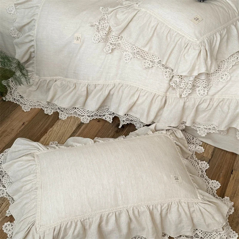 20% Linen And 80% Cotton Double Layer Lace Ruffles Vintage French Bedding Set