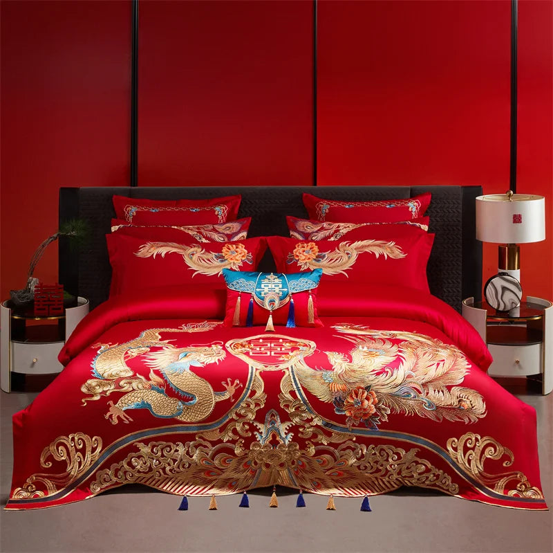 Luxury Chinese Style Wedding Dragon Phoenix Embroidery Red Bedding Set