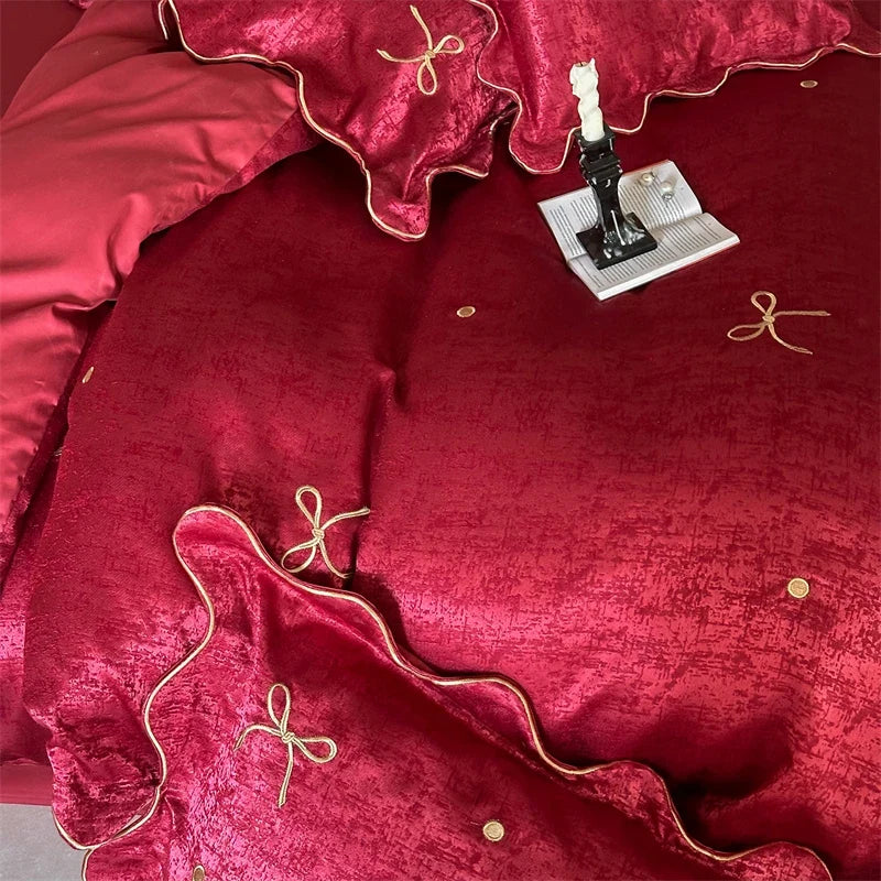 Gold Bow Embroidery Luxury Wedding Bedding Set
