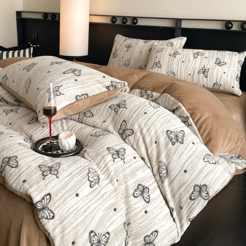 Winter Warm Velvet Duvet Cover Set Printed Queen Bedding Set